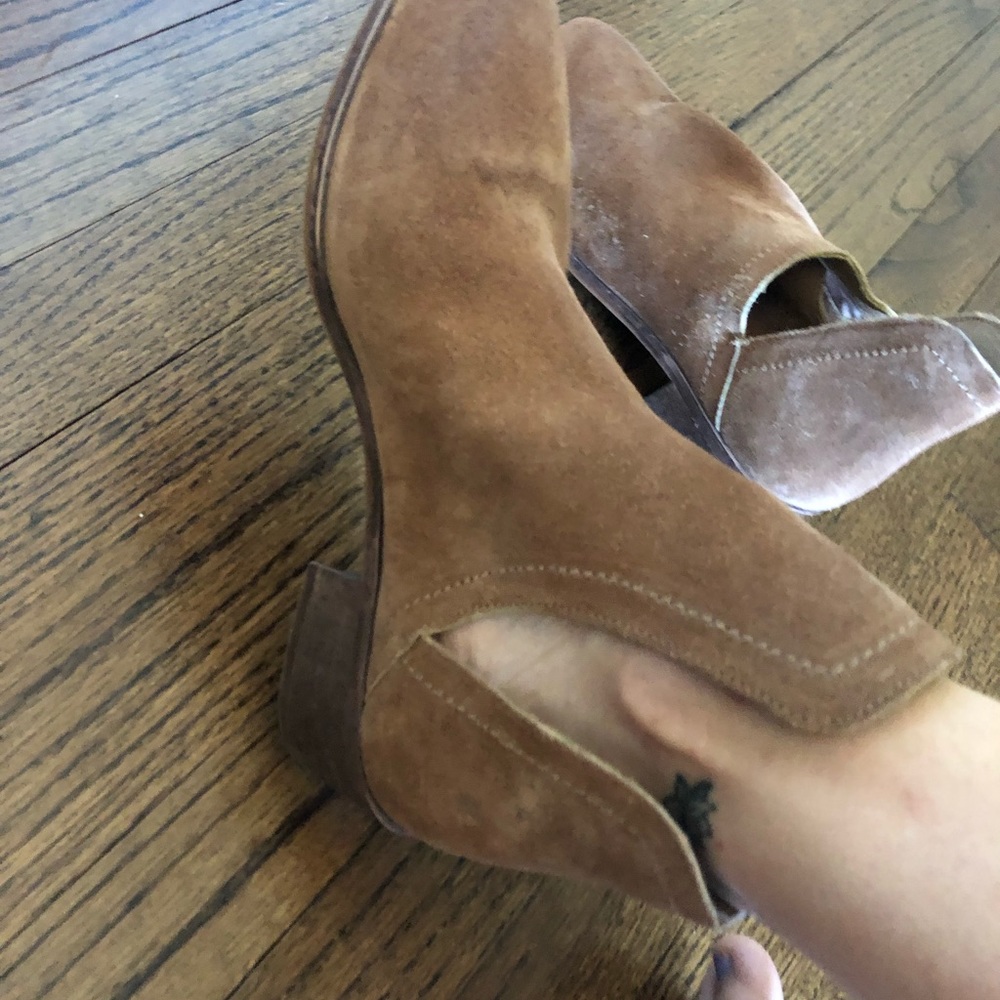 Tan suede booties with fun ankle side cut outs!